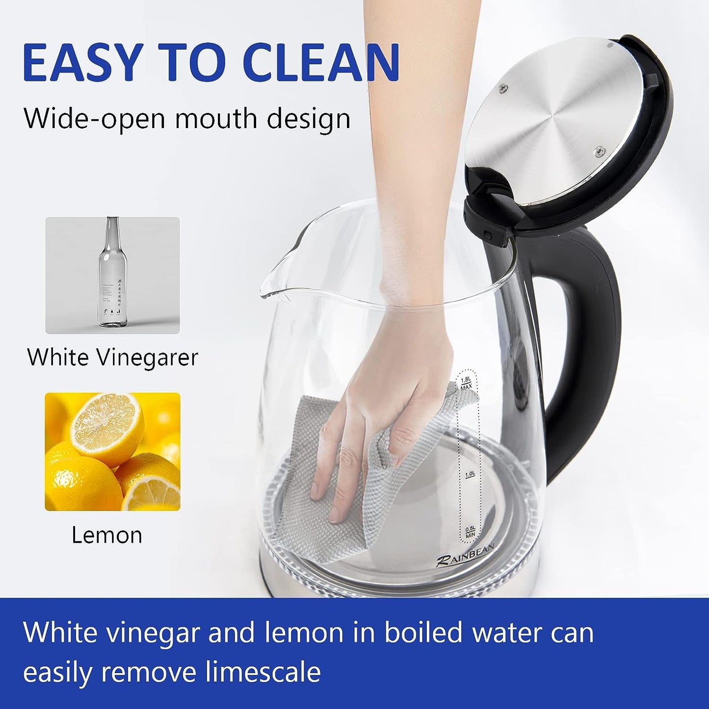 1.8L Electric Glass Kettle – Water Boiler for Tea, Hot Water, LED Indicator, Auto Shut-Off, Boil-Dry Safety, Black