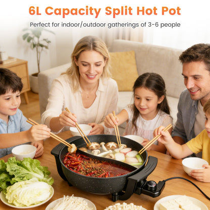 6L Electric Hot Pot with Divider – Dual Flavor Shabu Shabu Cooker, Non-Stick Hot Pot with Temperature Control (1100W)