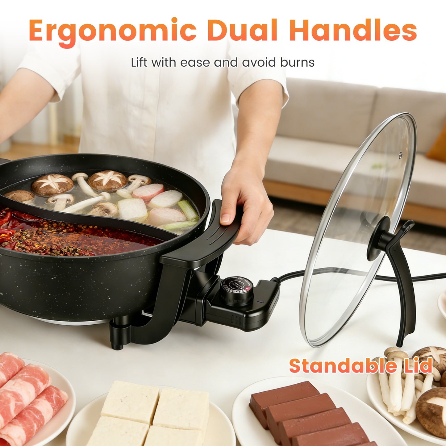 6L Electric Hot Pot with Divider – Dual Flavor Shabu Shabu Cooker, Non-Stick Hot Pot with Temperature Control (1100W)