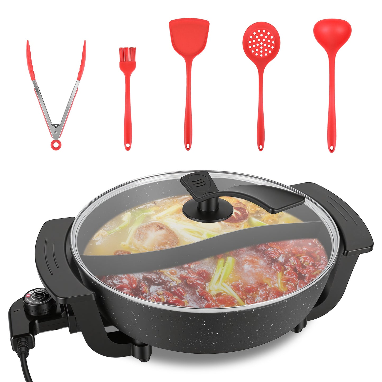 6L Electric Hot Pot with Divider – Dual Flavor Shabu Shabu Cooker, Non-Stick Hot Pot with Temperature Control (1100W)