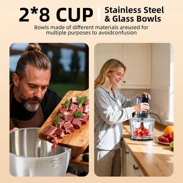Electric Food Processor with Dual Bowls – Multi-Function Meat Grinder & Vegetable Chopper for Kitchen