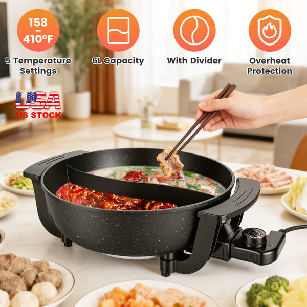 6L Electric Hot Pot with Divider – Dual Flavor Shabu Shabu Cooker, Non-Stick Hot Pot with Temperature Control (1100W)