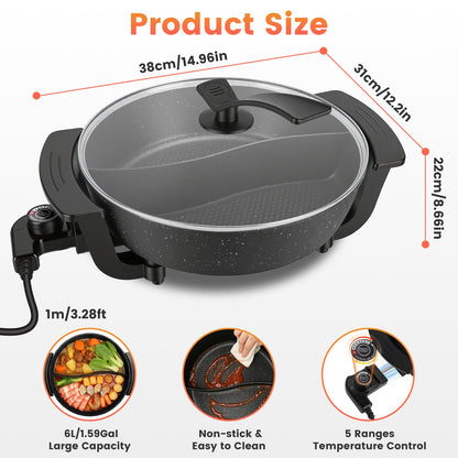 6L Electric Hot Pot with Divider – Dual Flavor Shabu Shabu Cooker, Non-Stick Hot Pot with Temperature Control (1100W)